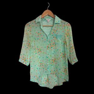 3/4 Sleeve Blue Butterfly Smock Style Blouse